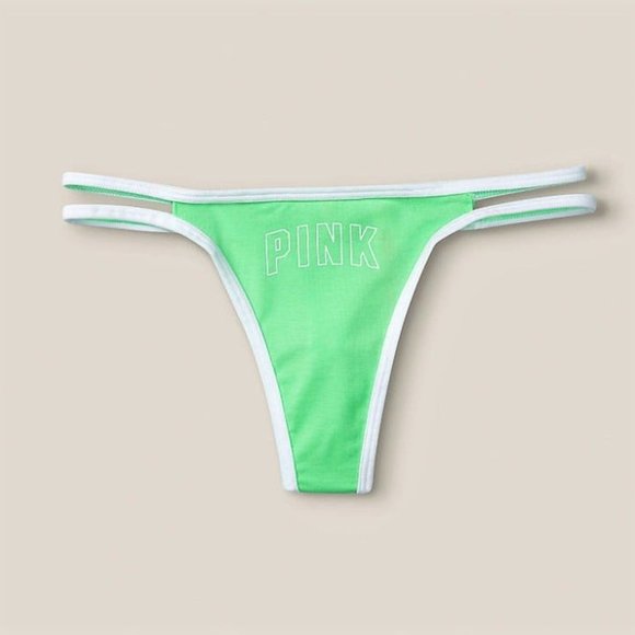 PINK VICTORIA'S SECRET Cotton Double Strap Thong Panty L Light Neon Green - Picture 1 of 6